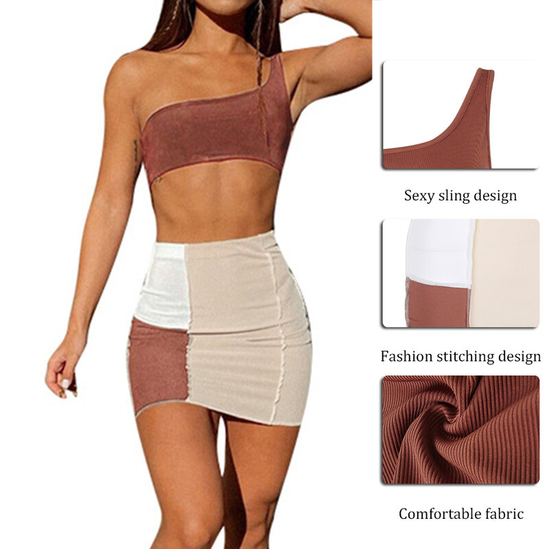 Prążkowane patchworkowe zestawy dwuczęściowe jedno ramię podkoszulki i spódnice damskie Skinny Vintage Streetwear stroje klubowe