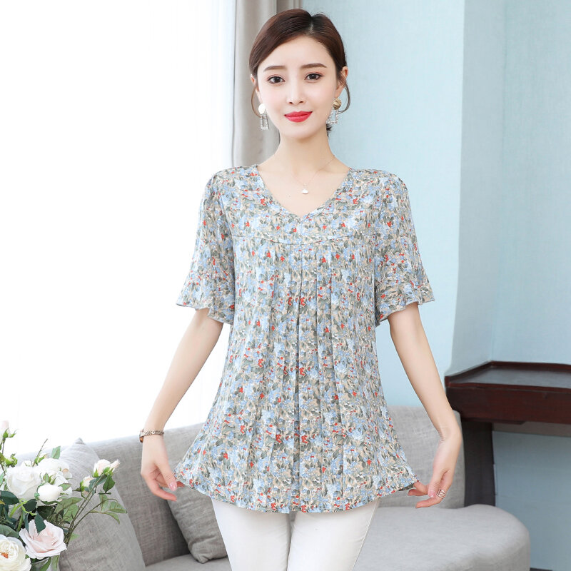 Oversized Blouses Women 5xl Floral Double Layer Tops Casual Fashion Short Sleeve 2022 Summer Loose V-neck Chiffon Shirt blusas