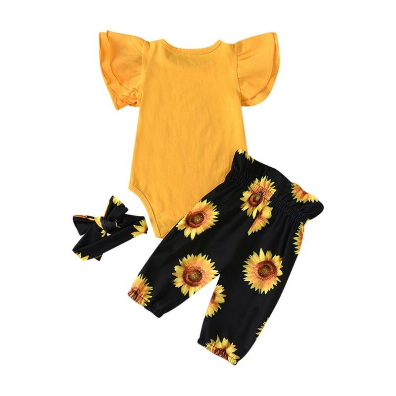 Outono bebê meninas manga flare estampa letra top + calça floral + conjunto de roupas de bandana