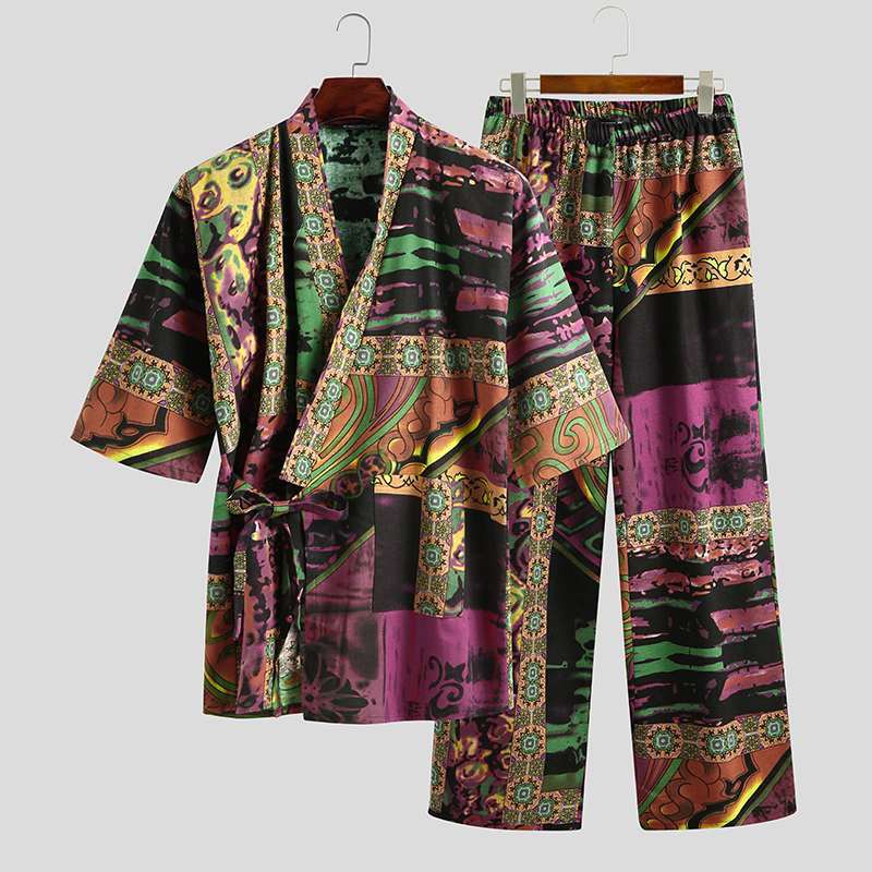Homem meia manga com decote em v impresso rendas até topos calças de algodão pijamas pijamas kimono yukata ternos masculino conjuntos de pijamas incerun 5xl 7