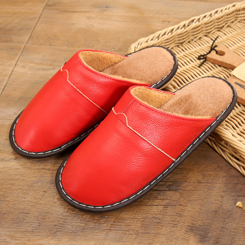 Mannen Thuis Leren Slippers Pluizige Slides Paar Waterdichte Slaapkamer Fluwelen Schoenen Voor Mannen Vrouwen Indoor Bont Slippers Schoenen