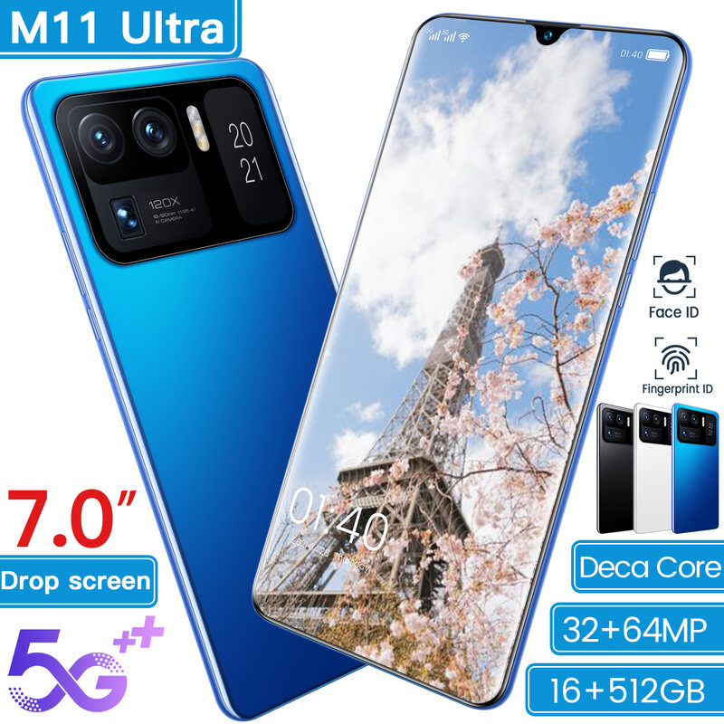 Smartphone M11 Ultra, Version globale, téléphone portable, écran de 2021 pouces, Android 11, batterie de 7.0 mAh, Snapdragon 7200, reconnaissance faciale, 16 go, 888 go, 512