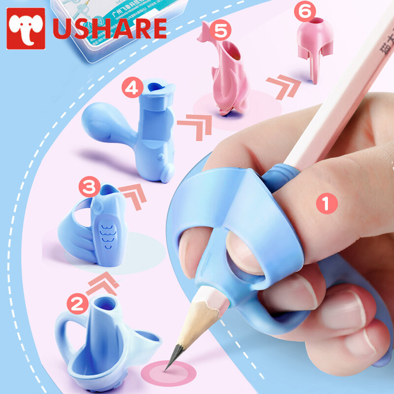 USHARE 6Pcs/Set Pencil Holder for Kids Handwriting Baby Writing Pen Auxiliary Tool Writing and Correction Siliconce Pen Grips