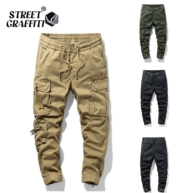 Pantalones Cargo de algodón para hombre, ropa informal a la moda, con cintura elástica, Tipo Cargo, primavera, 2023