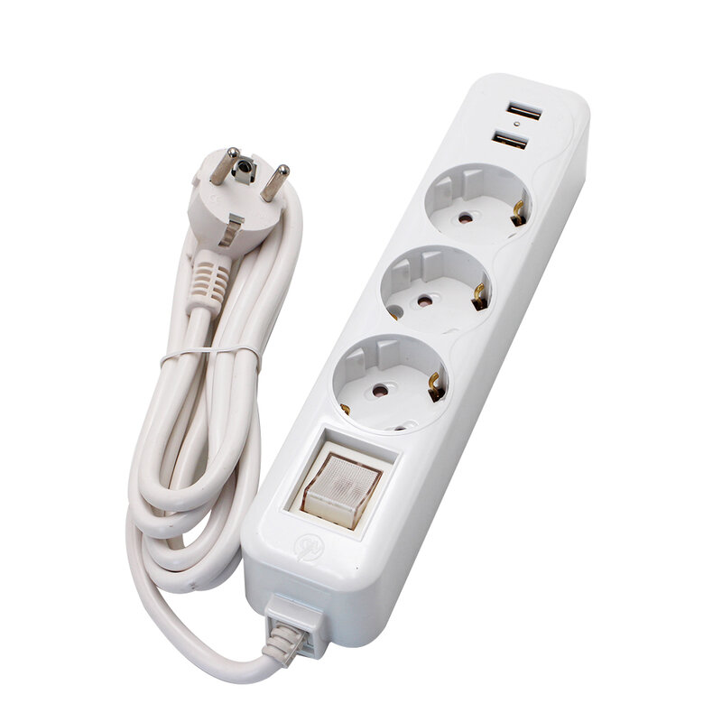 16A European Type Conversion Plug 1 TO 3 Way Power Strip Socket Plug Sockets Dual USB Ports EU Plug