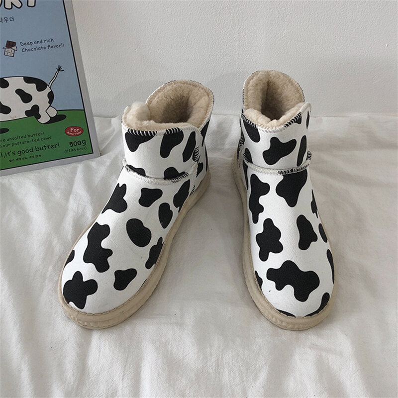 Bottes de neige à motif de vache pour femme, chaussures à carreaux rayées, en coton, peu profondes, peluche, garde au chaud, hiver, 2021