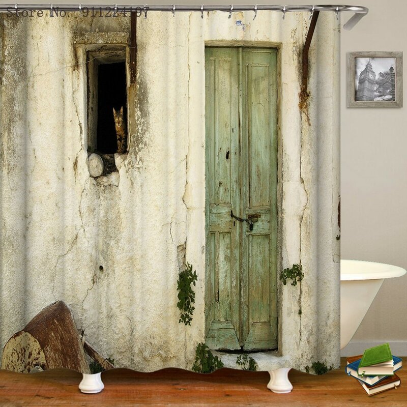Cortina de banheiro decorativa antiga, porta de madeira 3d com impressão, cortina de banho de poliéster à prova d'água com 12 ganchos lavável