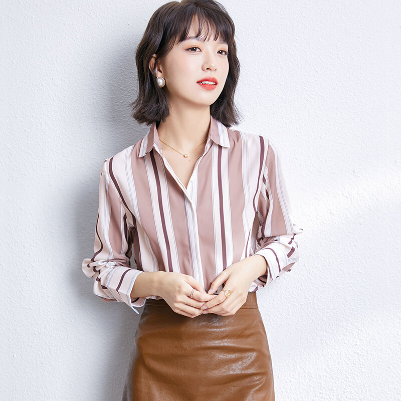 Outono feminino listrado blusas camisas senhora do escritório lapela camisa topos blusas mujer de moda 2021