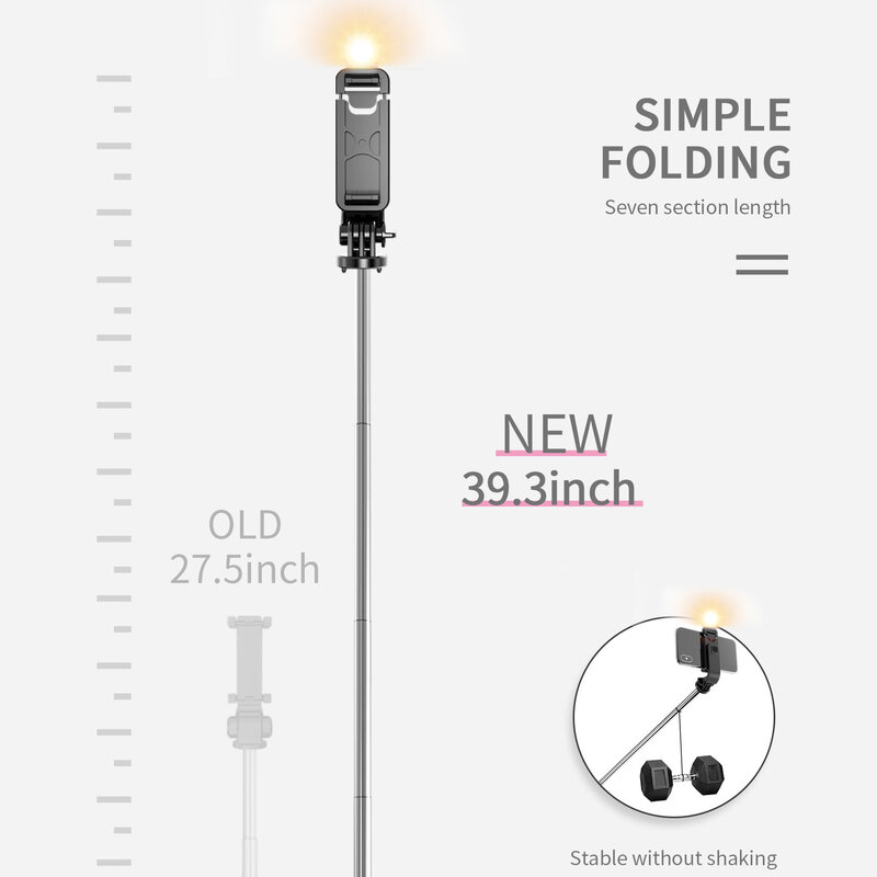 Monopod Lipat Tripod Tongkat Selfie Bluetooth Nirkabel Baru dengan Lampu Isi untuk Ponsel Pintar untuk Grosir Kamera Aksi Olahraga