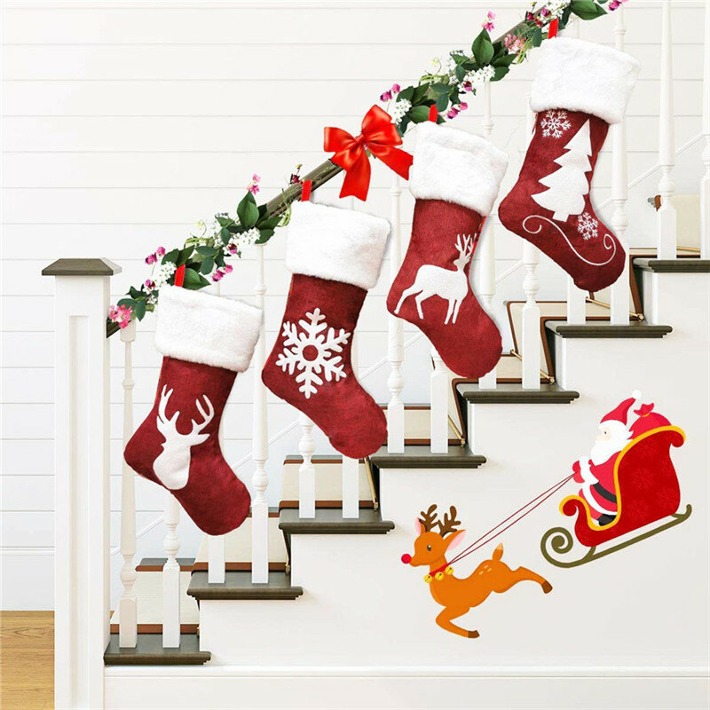 Requintado papai noel rena impresso gato pata saco de doces crianças presentes natal estocagem sacos lareira árvore decorações de natal
