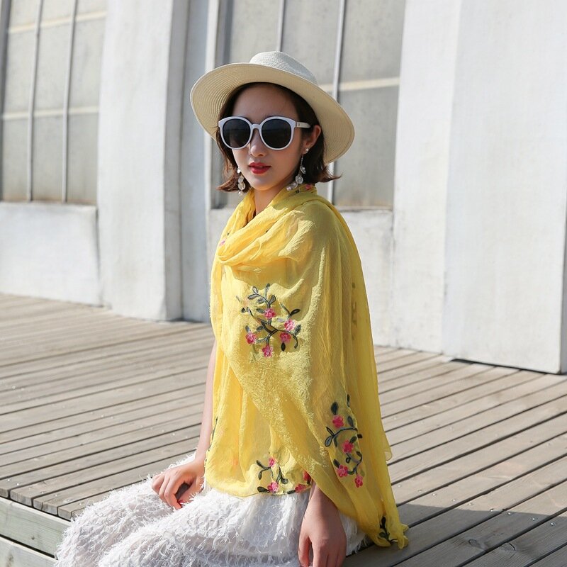 National Wind – Foulard Hijab en soie pour femmes, écharpe de luxe brodée de fleurs, châles Pashmina en mousseline
