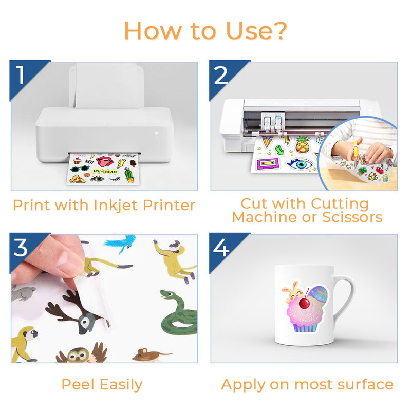 Papel adhesivo de vinilo para impresora de inyección de tinta, papel adhesivo A4 brillante para impresión de inyección de tinta, calcomanías, manualidades de regalo, 10 hojas