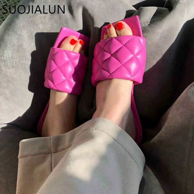 Suojialun 2021 praça toe chinelos de salto plano feminino bordado diamante slides sapatos verão ao ar livre praia sandália chinelo flip flop