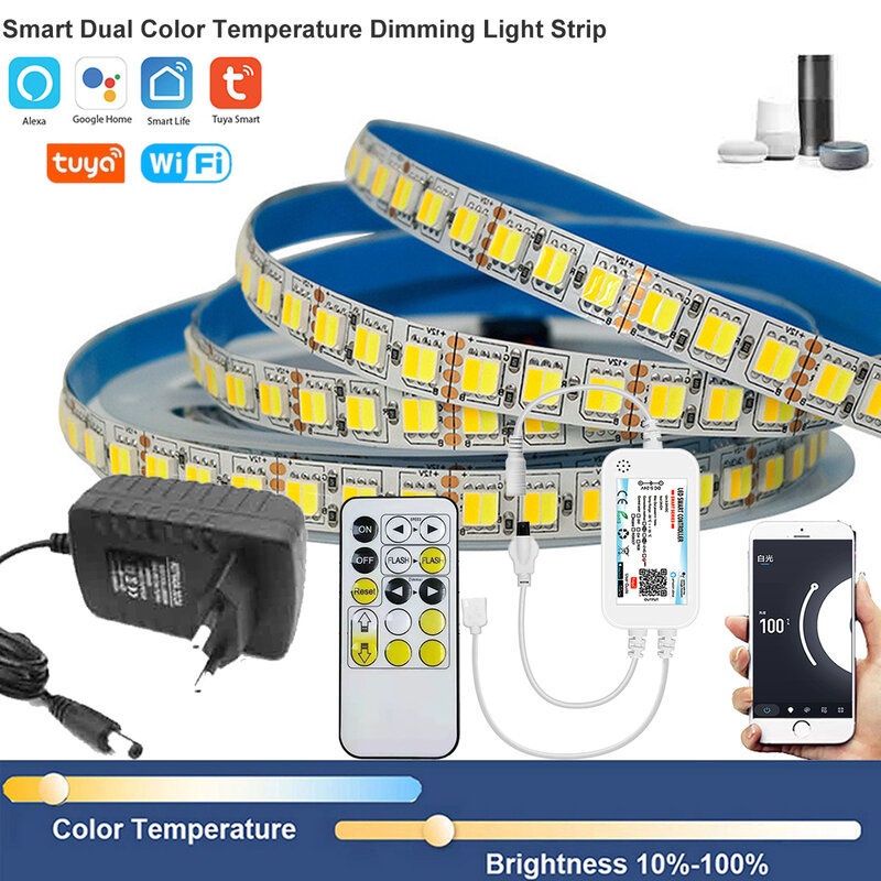 Tira de luces LED inteligente con control remoto, cinta de lámpara regulable con WiFi + IR, 15 teclas, doble blanco, CCT, 120LED/m, para Alexa y Google Home, Tuya, 5050