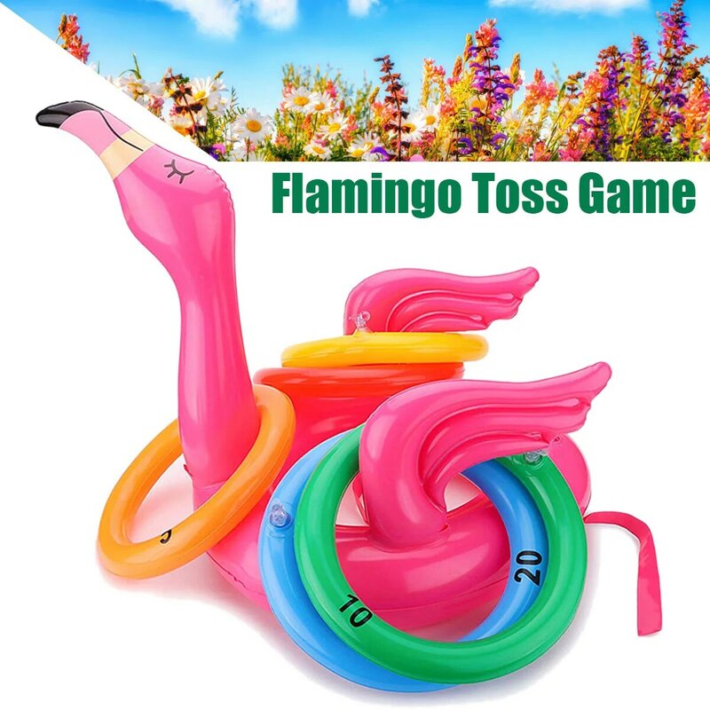 Przenośny nadmuchiwany kapelusz Flamingo z 4 szt. Pierścienie Toss zestaw do zabawy w wodzie dla rodziny Party różowy materiał PVC baseny i fajne zabawki