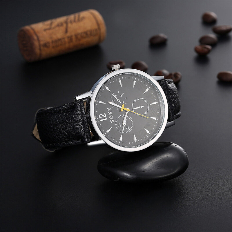 Marca de luxo soxy relógios clearance men boa qualidade moda tiras couro 3 cor dial relógio de pulso amarelo único segunda mão