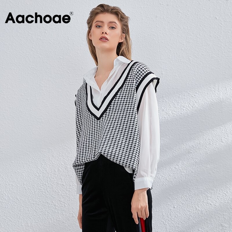 Aachoae Vintage Houndstoothเสื้อกั๊กเสื้อกันหนาวผู้หญิงเก๋Vคอแขนกุดลายสก๊อตเสื้อสบายๆถักเสื้อกั๊ก