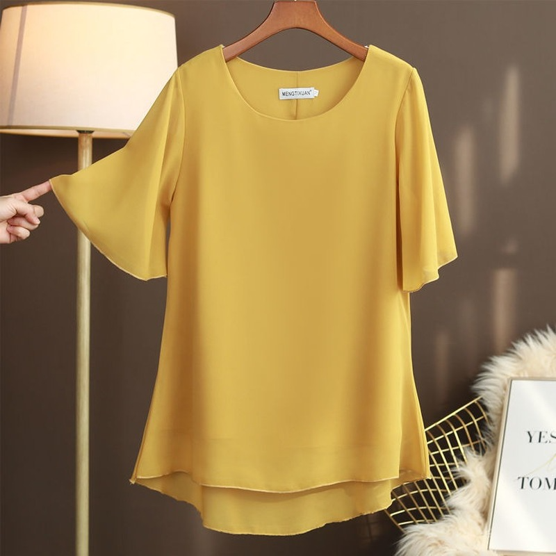 2021 Vintage Summer Tops 6XL Oversized Women Blouses Solid Casual O-Neck Chiffon Blouses Loose Plus Size Shirts Fashion Clothes