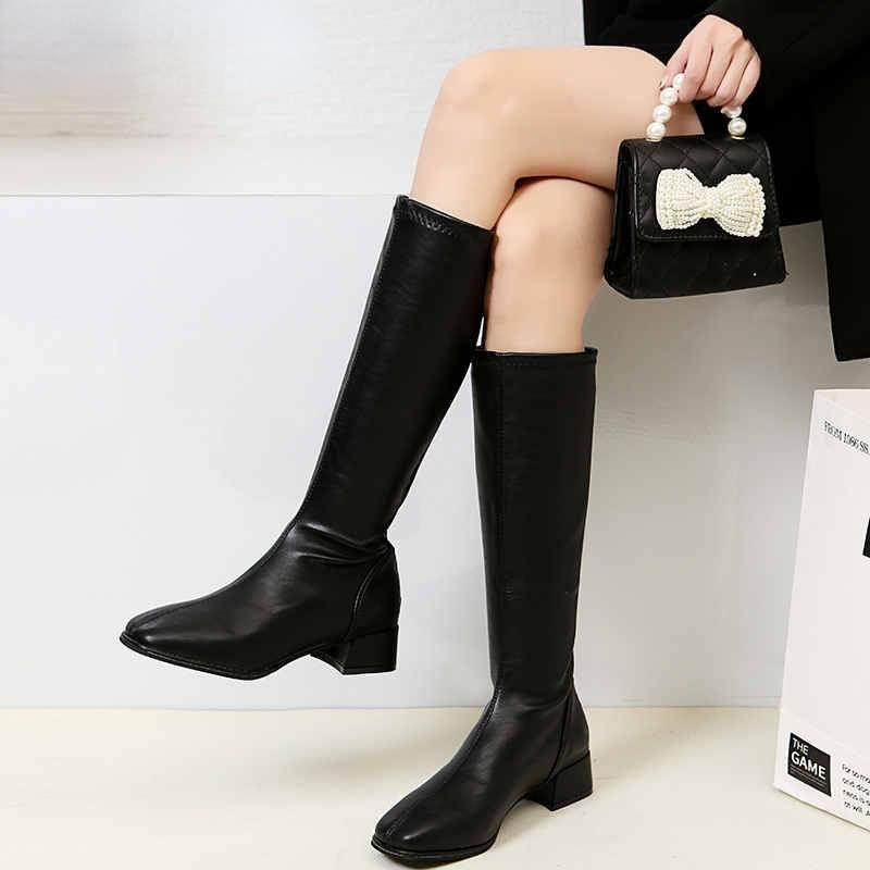 2021 Baru Ins Wanita Krem Sepatu Hak Tinggi Wedge Sepatu Bot Wanita Musim Gugur Desainer Ujung Lancip Sepatu Selutut Zapatos De Mujer