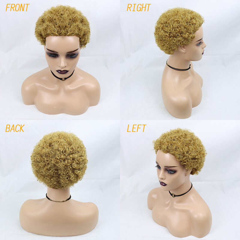 Peluca Afro krótkie peruki z kręconych włosów dla kobiet 150% gęstości brazylijski ludzki włos fryzura Pixie peruwiański peruki peruka z kręconych włosów typu Kinky Perruque