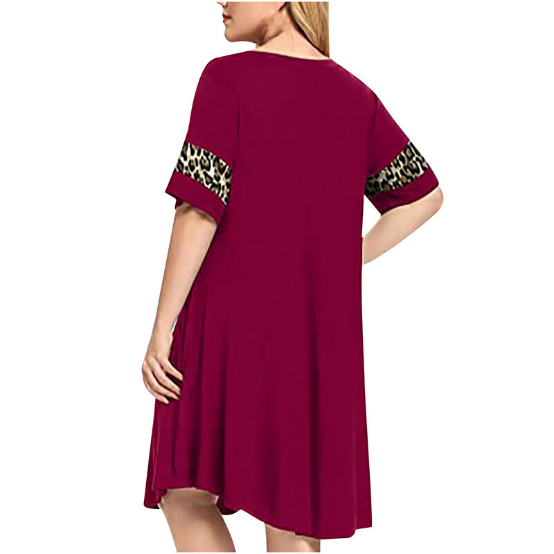 Kleider Für Frauen 2021 Sommer Kleid Plus Größe Sexy Spleißen Roben Soild Leopard Kurzen Ärmeln Oansatz Robe Femme