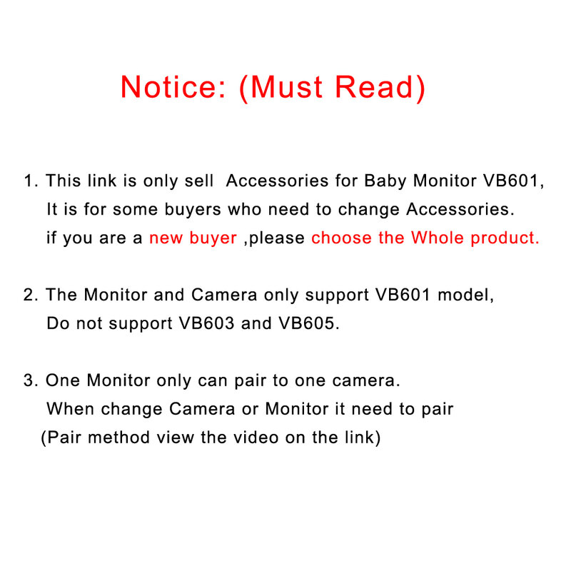 VB601 niania elektroniczna Baby Monitor akcesoria, 2.0 Cal ekran LCD niania elektroniczna Baby Monitor uchwyt kamery kabel zasilający dla VB601, bezprzewodowy 2.4Ghz