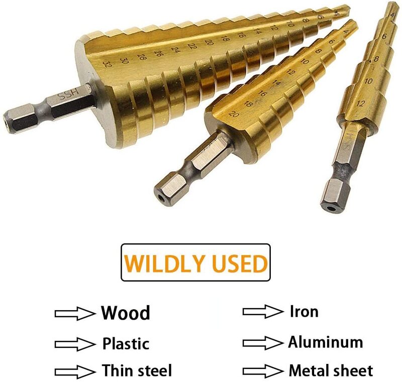 Broca titanium do cone do cortador do furo de madeira do aço de alta velocidade do metal das ferramentas elétricas de perfuração 4-12 4-20 4-32 de 3 pces hss