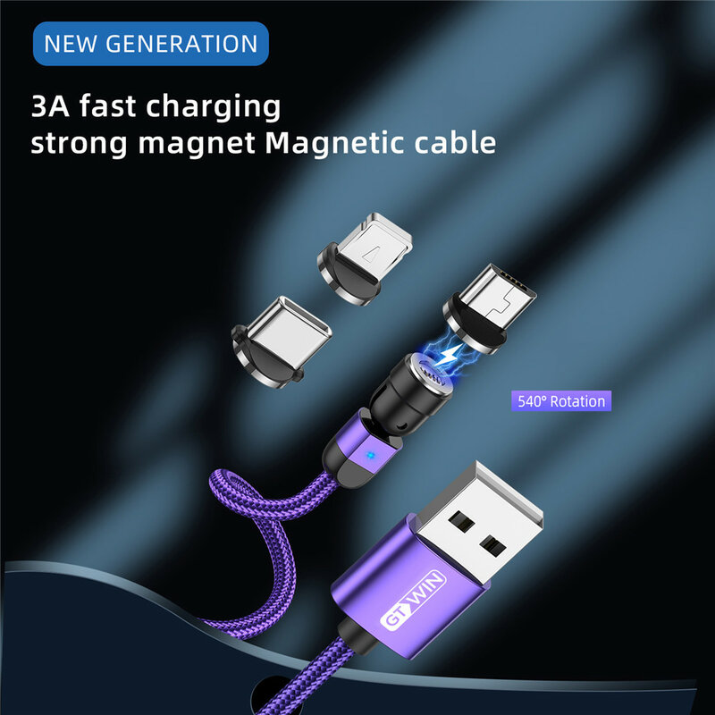 Магнитный USB-кабель GTWIN 3A с функцией быстрой зарядки, вращающийся на 540 градусов, магнитное зарядное устройство 2 м для IPhone, Xiaomi, Samsung, кабель ...
