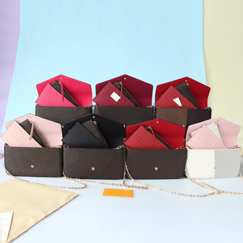 Qualidade superior de luxo design de três peças de corrente carteira mensageiro ombro bolsas de couro feminino com caixa frete grátis entrega rápida