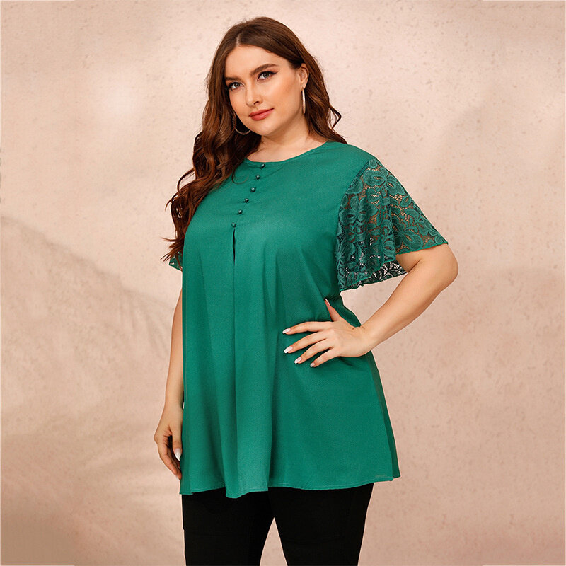 FANIECES Plus Size-line bluzka damska 2011 nowa jesienna Casual krótka, koronkowa bluzka z długim rękawem zielona jednolity luźny Femme długa koszulka
