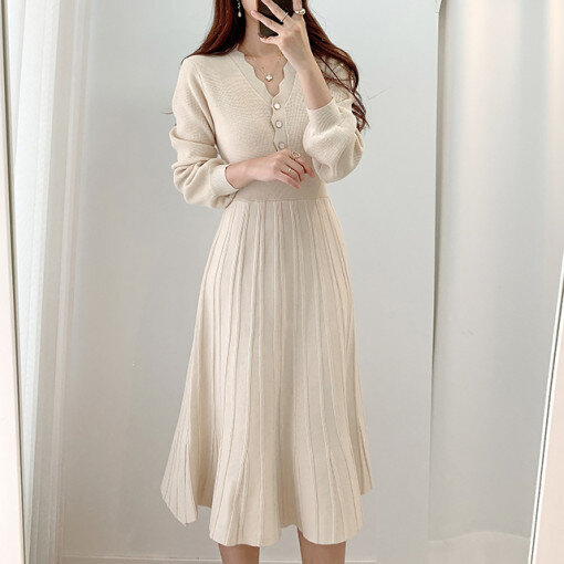 Женское трикотажное платье Hebe & Eos, элегантное винтажное однотонное платье-свитер с длинным рукавом, платье-миди, Осень-зима 2021