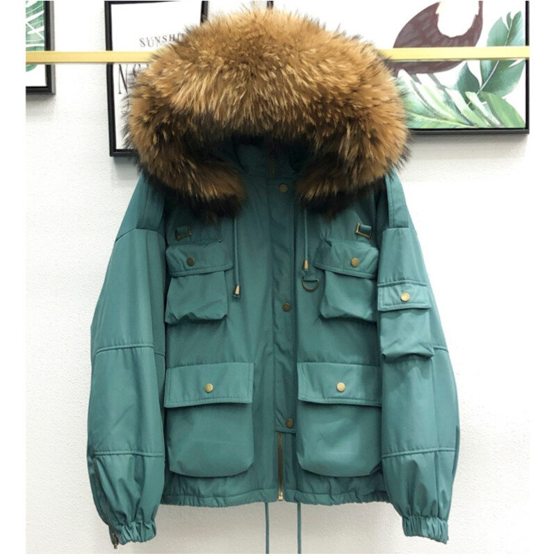女性用の大きなアライグマの毛皮の冬用コート,厚い白いダックダウン,パーカー,短いジャケット,ルーズなアウター,90%