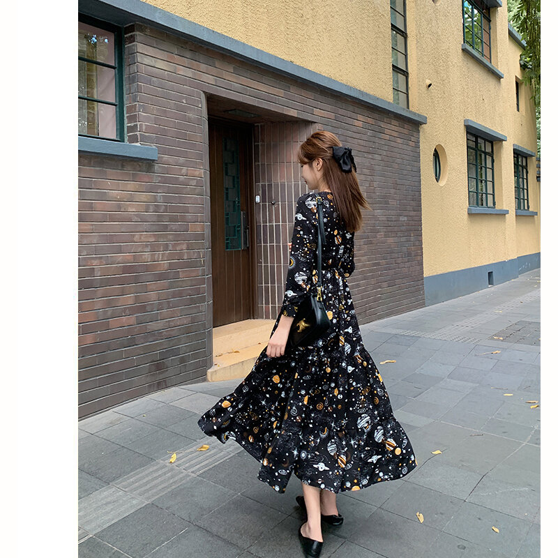 Hebe & Eos الخريف الأزهار طباعة مثير الخامس الرقبة امرأة ماكسي فستان أنيق طويل فساتين الشيفون قطعة واحدة فستان بكم طويل Vestidos 2021