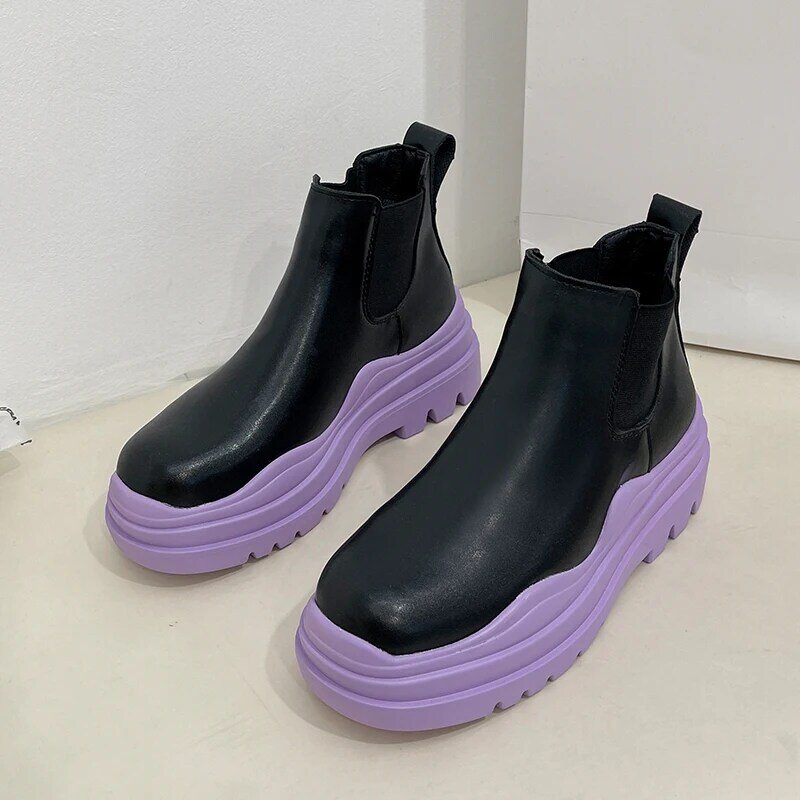 Boot Chelsea Hitam Putih Wanita Fashion Sepatu Gothic Punk Musim Gugur 2021 Boot Kaus Kaki Semata Kaki Boot Pendek Fashion Platform Tinggi Hijau