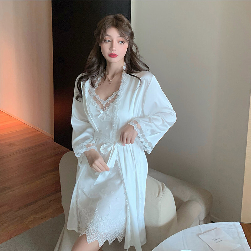 White Pajamas Suit Women Can Wear outside 2021 New Spring and Autumn Sexy with Chest Pad Nightdress Casual Home Wear Thin