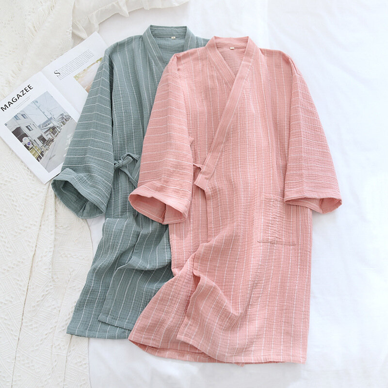 Spring/Summer Couples Nightgown Pure Cotton Crepe Japanese Kimono Robes Men / Women Stripe Thin  Comfy SPA Homewear Bathrobe