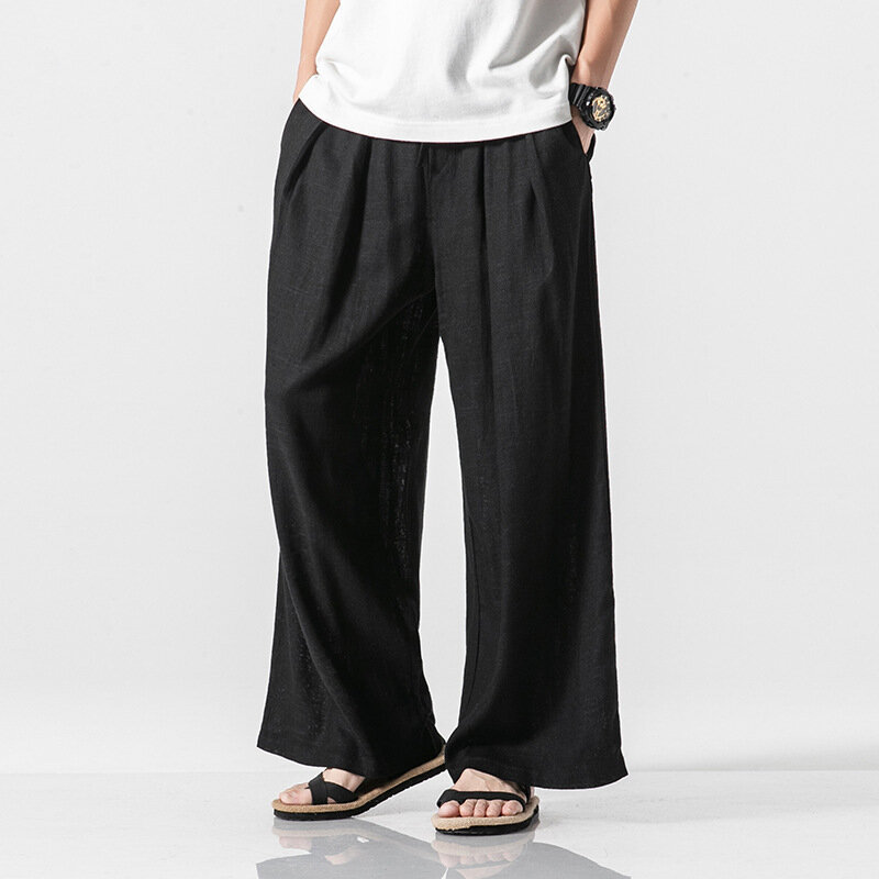 Pantaloni Hanfu da uomo in stile cinese, pantaloni larghi, pantaloni Casual dritti in cotone e lino di personalità larghi