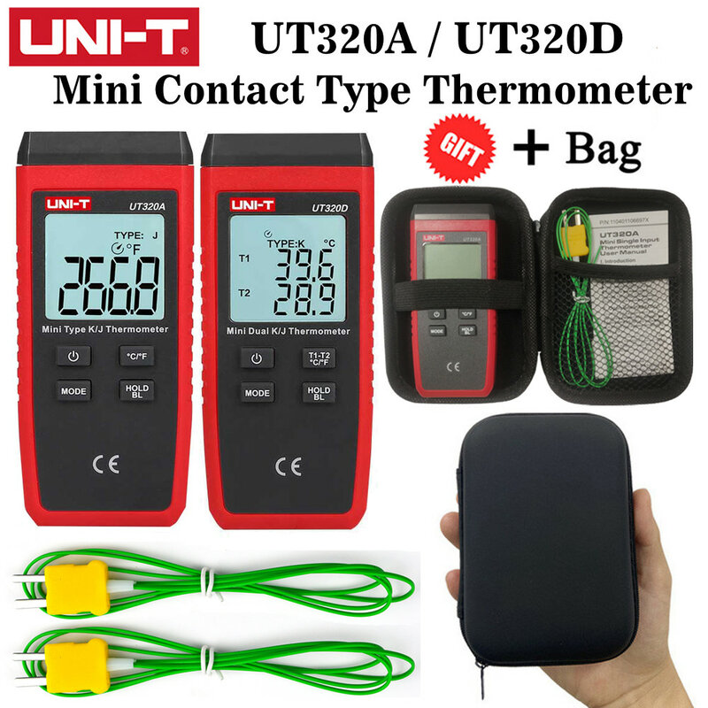 Termómetro UNI-T UT320A UT320D Mini tipo de contacto, amplio rango, alta precisión, a prueba de caídas, selección de sonda termopar