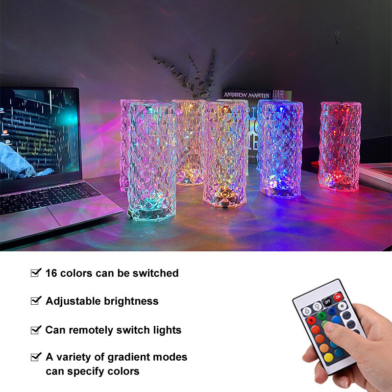 Lampe LED en forme d'ombre de Rose en cristal, veilleuse romantique en diamant, USB, tactile, couleur changeante, lampe de Table pour chambre à coucher, cadeau de noël