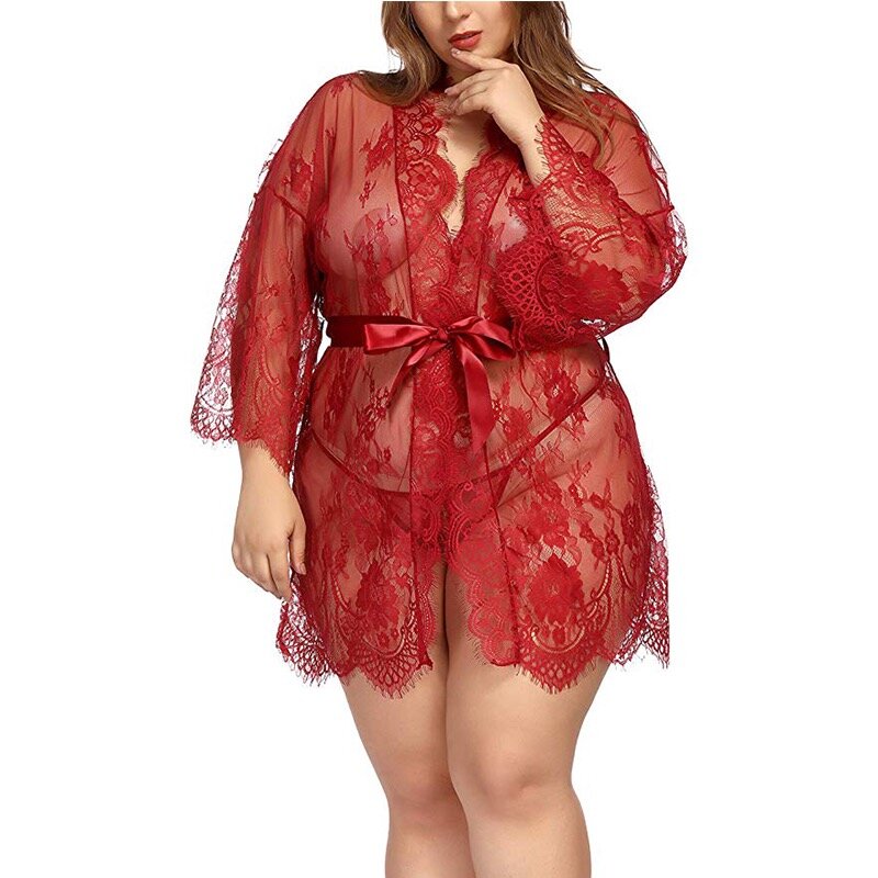 Womens Lingerie Lace Plus Size Kimono Badjas Mesh Nachtjapon Jurk Sets