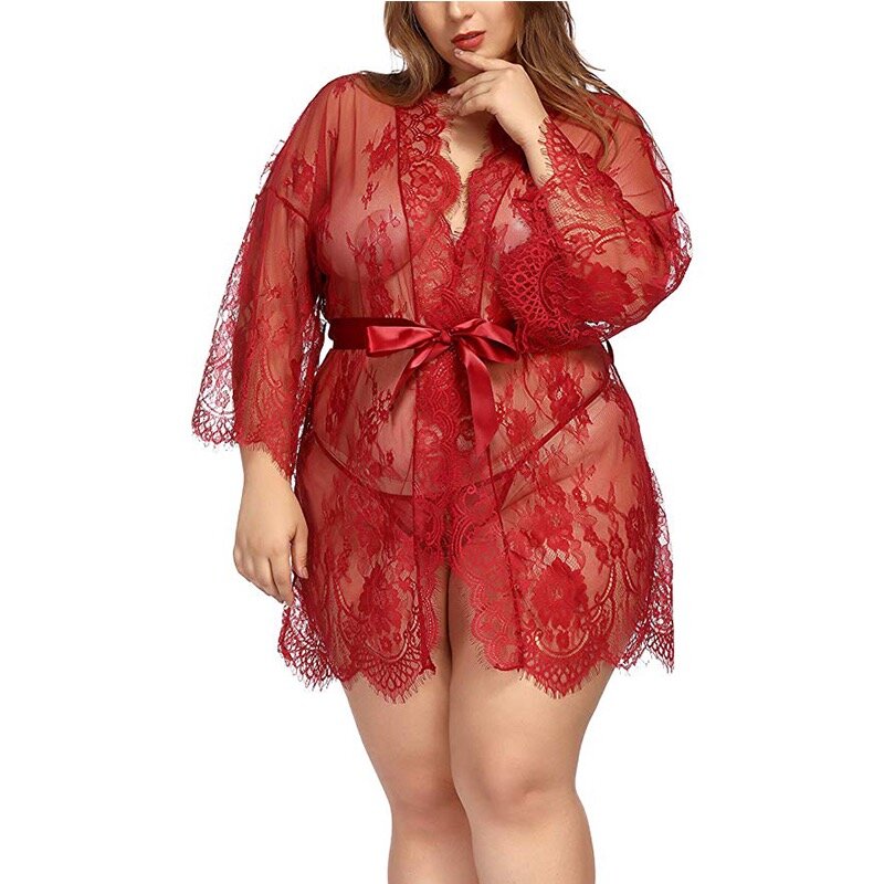 Womens Lingerie Lace Plus Size Kimono Robe Mesh Nightgown Dress Sets