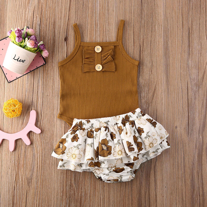 Bayi Bayi Gadis Tanpa Lengan Sling Atasan Floral Baju Monyet + Tutu Celana Pendek/Rok Pakaian Sunsuit Musim Panas Kasual Pakaian Bayi set