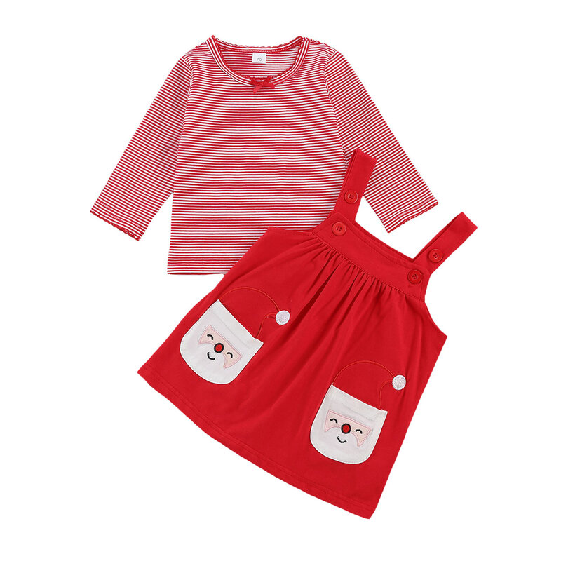 Toddler Infant Newborn Baby Girl Clothes Set Autumn Long Sleeve Red Striped T-shirt Santa Clause Strap Skirt Outfits Clothing