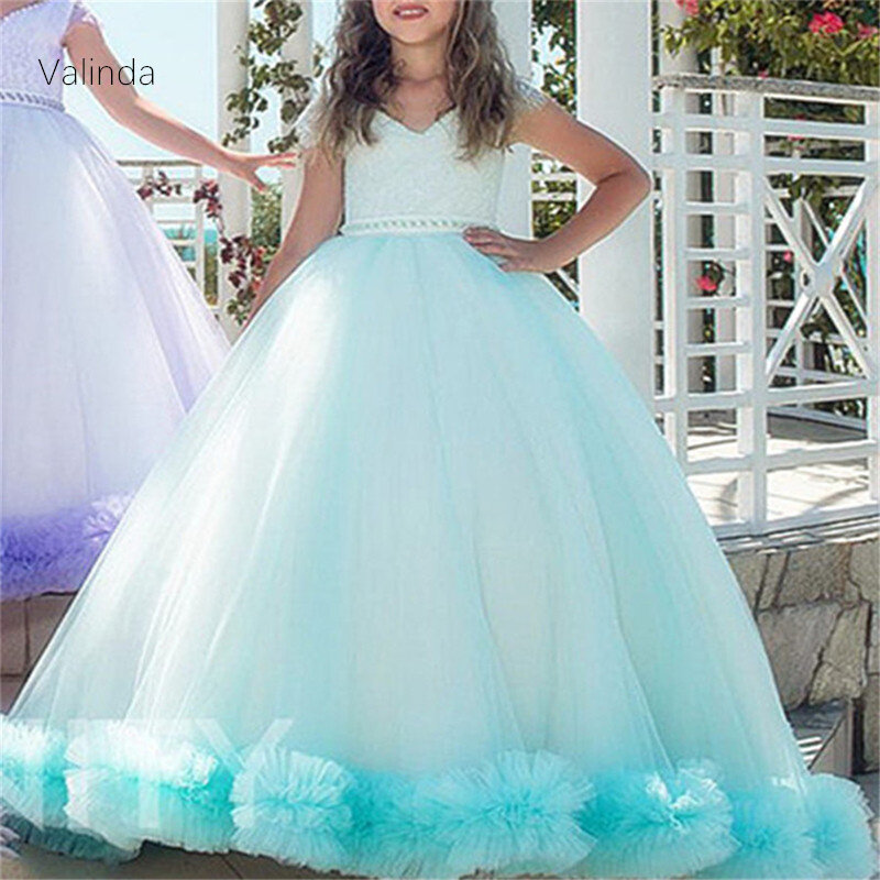 Gaun Panjang Kontes Gadis Pincess dengan Potongan Lipit Acara Khusus untuk Anak Perempuan
