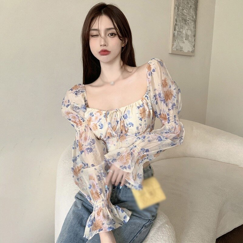 EFINNY Koreanische Mode Frauen Blumen Kurze Bluse Weibliche Brust Straps Langarm Shirts Sommer Blume Gedruckt Blusen