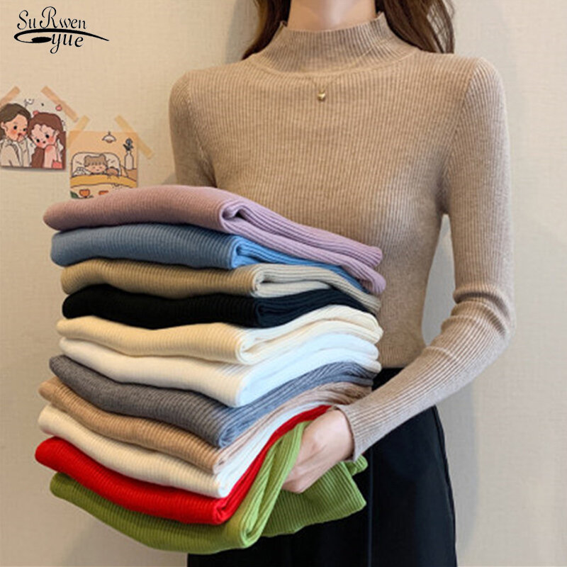 Suéter de cuello alto para mujer, jerseys tejidos, suéter de manga larga liso, Tops informales ajustados para niña y mujer 17342