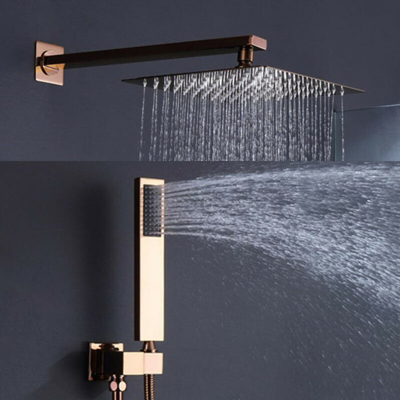 VOURUNA Thermostatic Concealed Shower Combination Wall Mounted Rose Golden Bathroom Faucet Set With Tub Spout 10" Rainshower