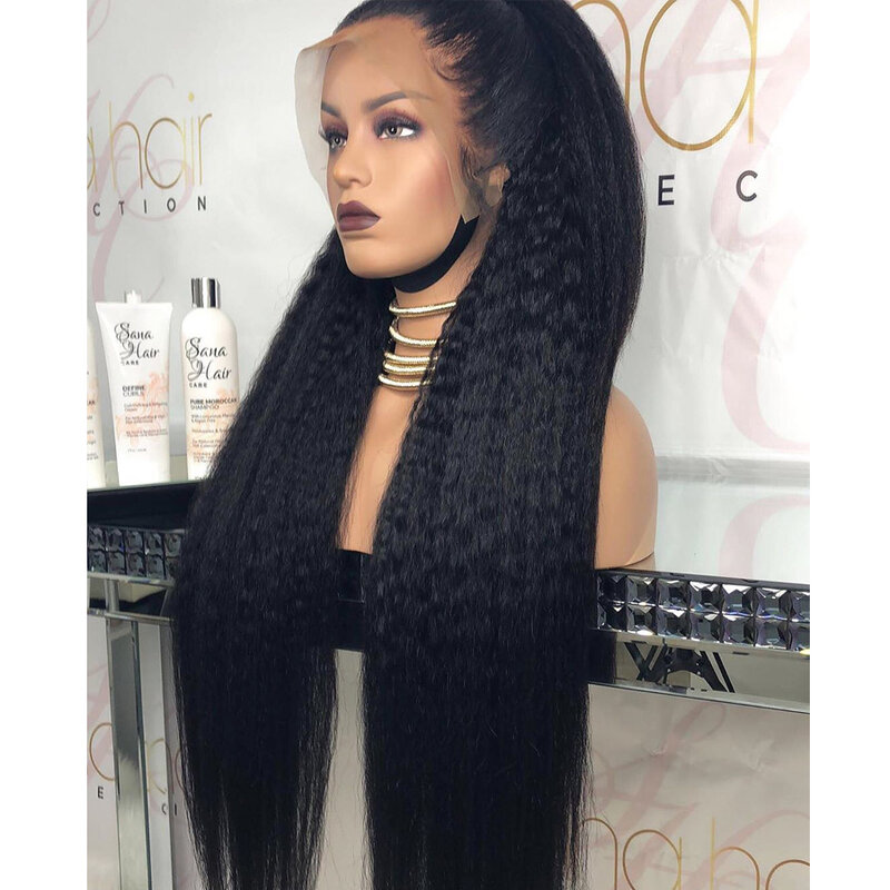 Yaki180 % Dichtheid Lange Kinky Recht Vezel Synthetische Lace Front Pruik Voor Zwarte Vrouwen Pre Geplukt Met Natuurlijke Haarlijn Baby haar