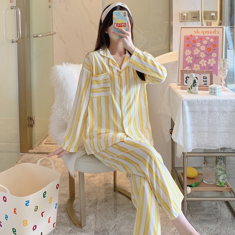 Spring And Autumn Pajamas Women's Summer Pure Cotton Long Sleeve Stripe Two-piece Suit Large Korean Home Clothes High Sense