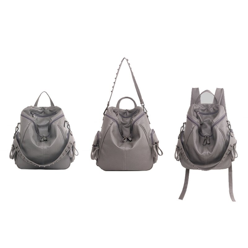 JNKET 새로운 패션 여성 부드러운 PU 가죽 배낭 리벳 어깨 가방 대용량 어깨 가방 핸드백 학생 Schoolbag
